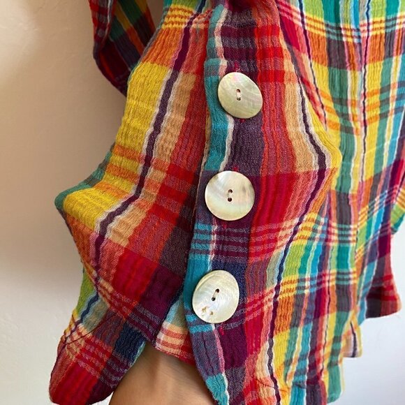 Soft Surroundings Gauzy Plaid Rainbow Oversized Button Down Shirt Petite Small - Picture 3 of 9
